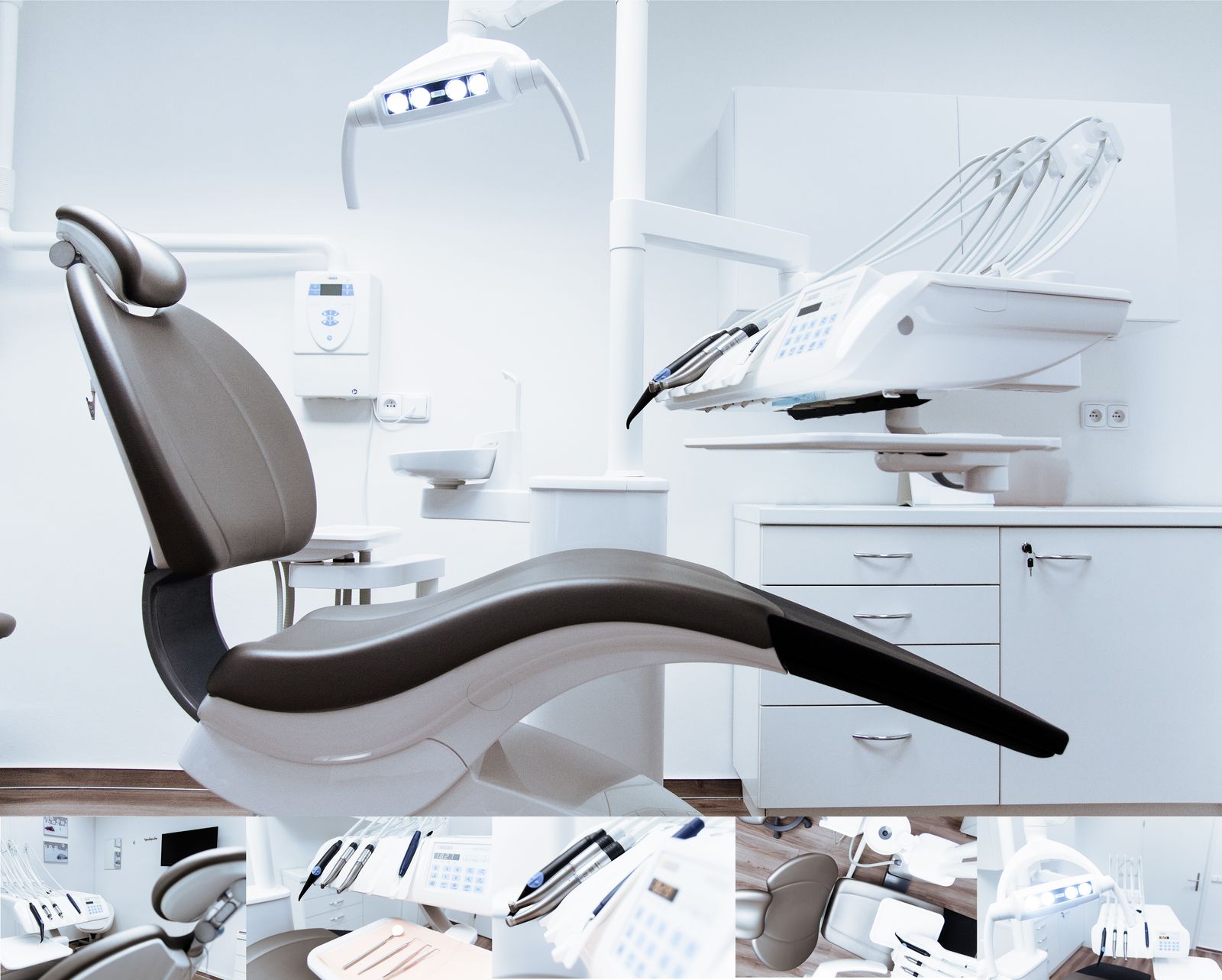 A dental surgery, chair and instruments ready