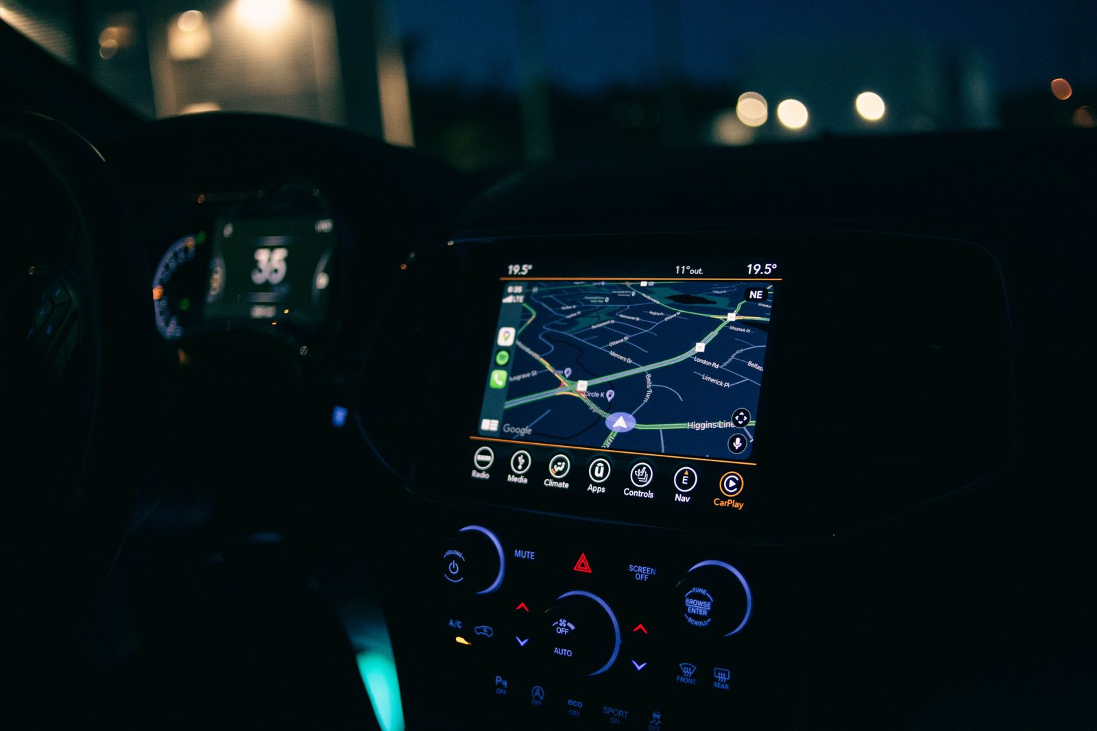 A vehicle navigation screen showing a route