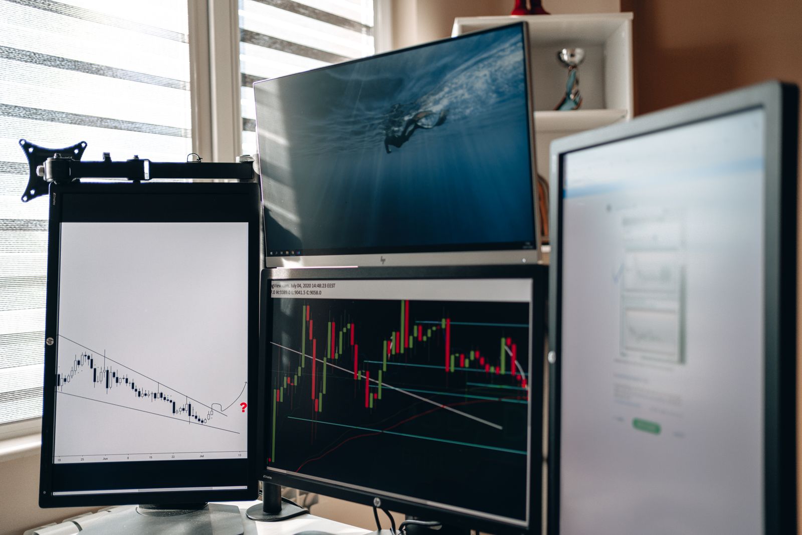 A desk of monitors carrying live market charts