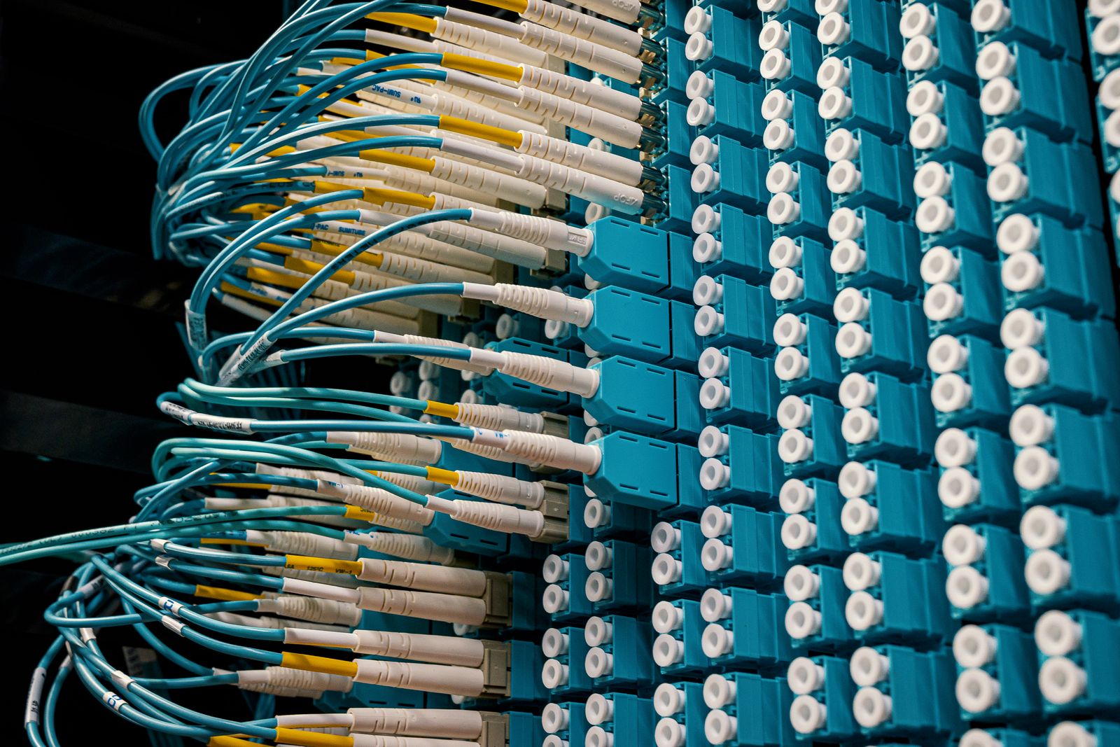 Racked network equipment in a data centre aisle
